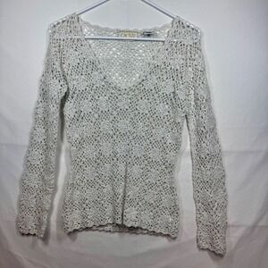 Cache White Crochet Knit V Neck Long Sleeve Sparkle‎ Sweater Top Women's Medium